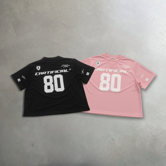 Black and pink t-shirts with '80' and brand name on a gray surface